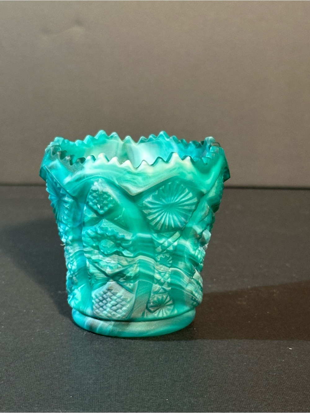 MCM Imperial Jade Slag Glass Toothpick Holder Daisy and Button Pattern 2.50”
